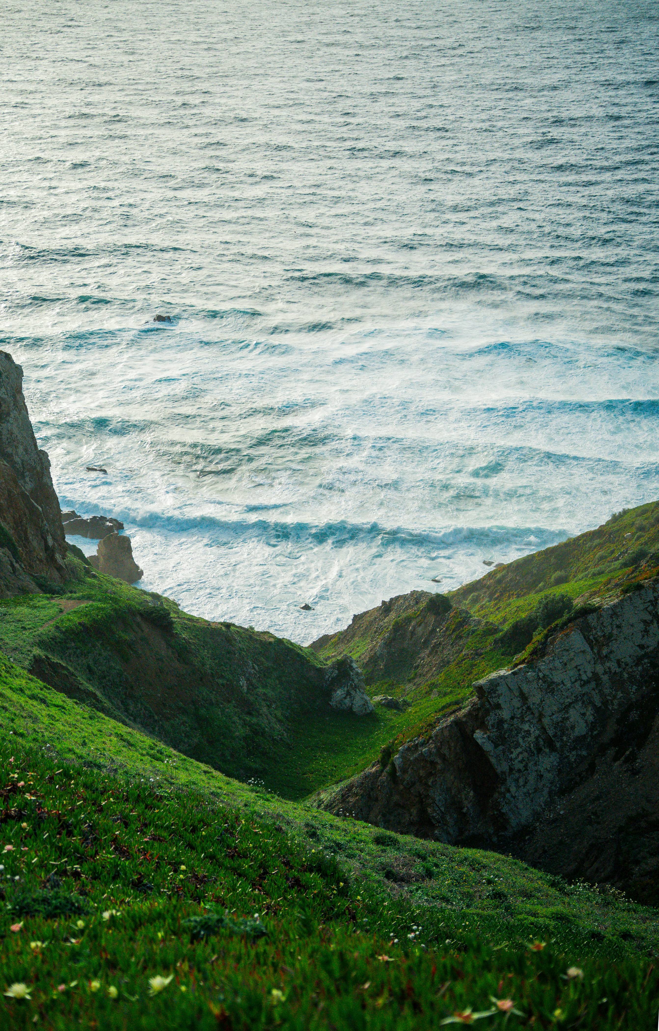 Green hills meeting the ocean.